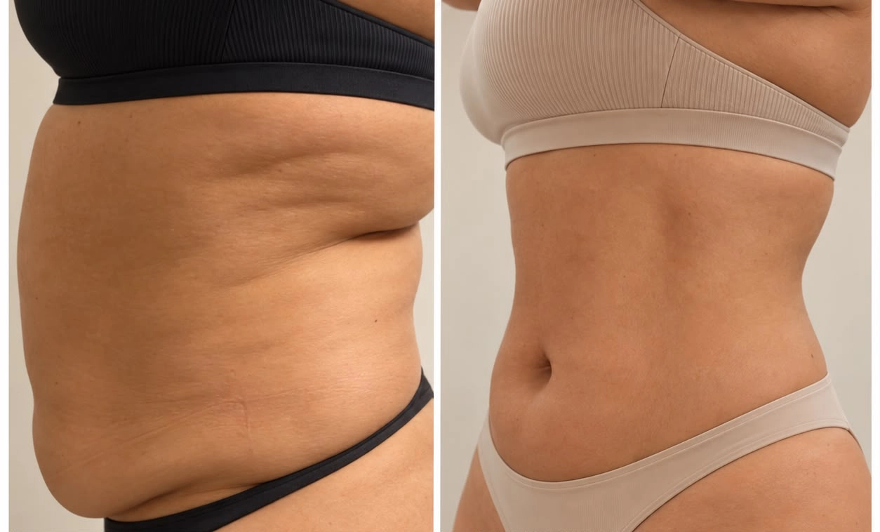 Antes e depois de tratamento para gordura localizada na região abdominal